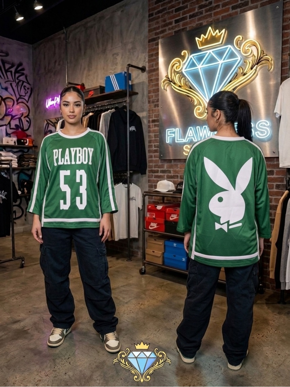 Playboy x MISSGUIDED Green Oversized 3/4 Sleeve Hockey Jersey #53 | Size Large